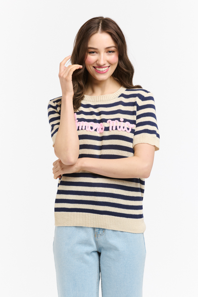 Amore Mio Striped Knit Sweater Tee Navy