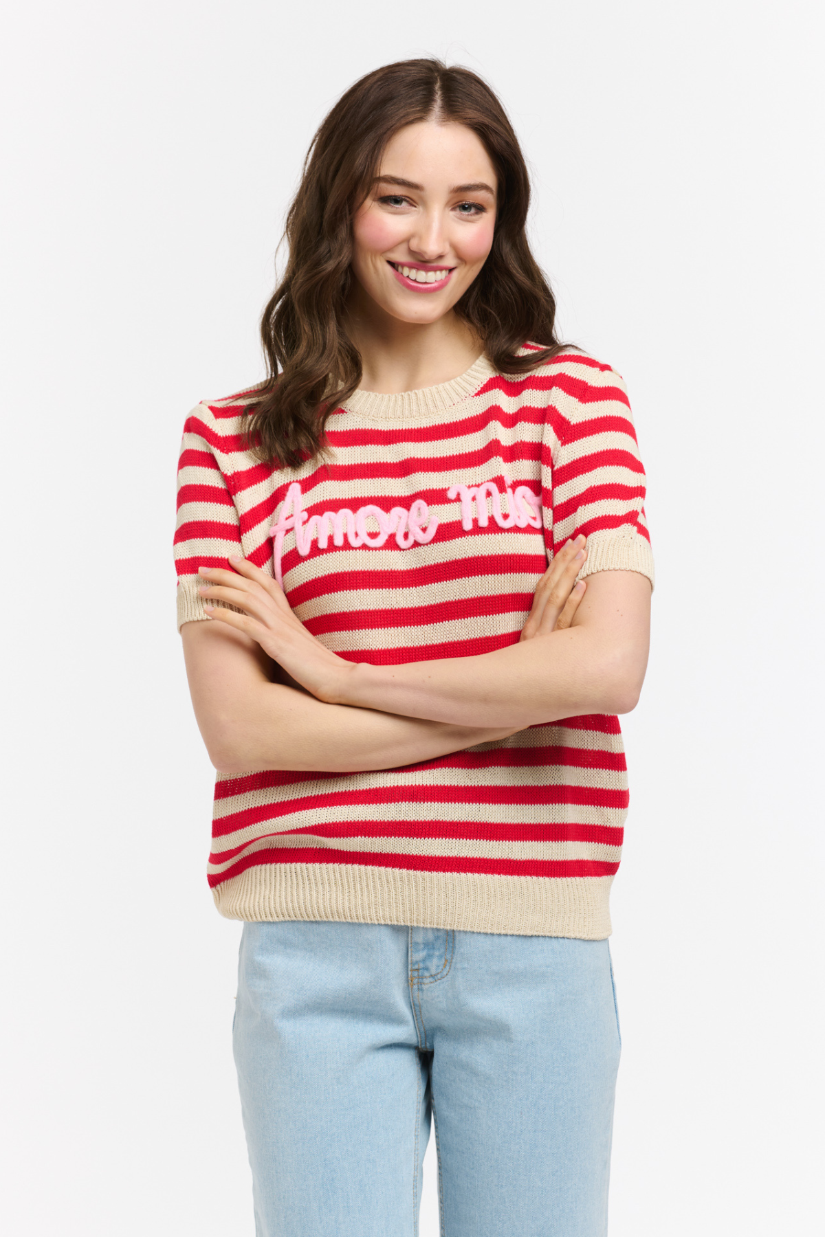 Amore Mio Striped Knit Sweater Tee Red