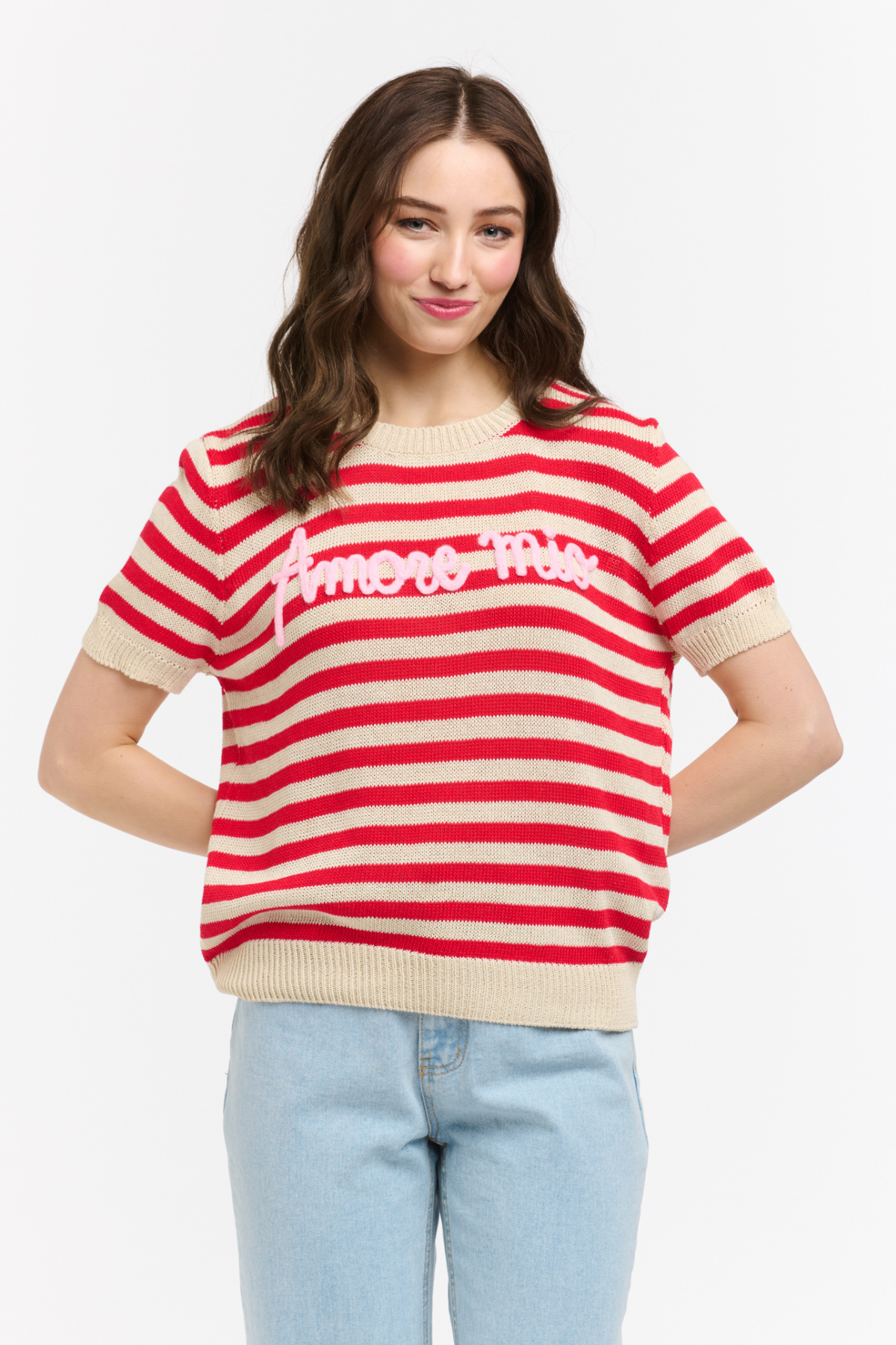 Amore Mio Striped Knit Sweater Tee Red