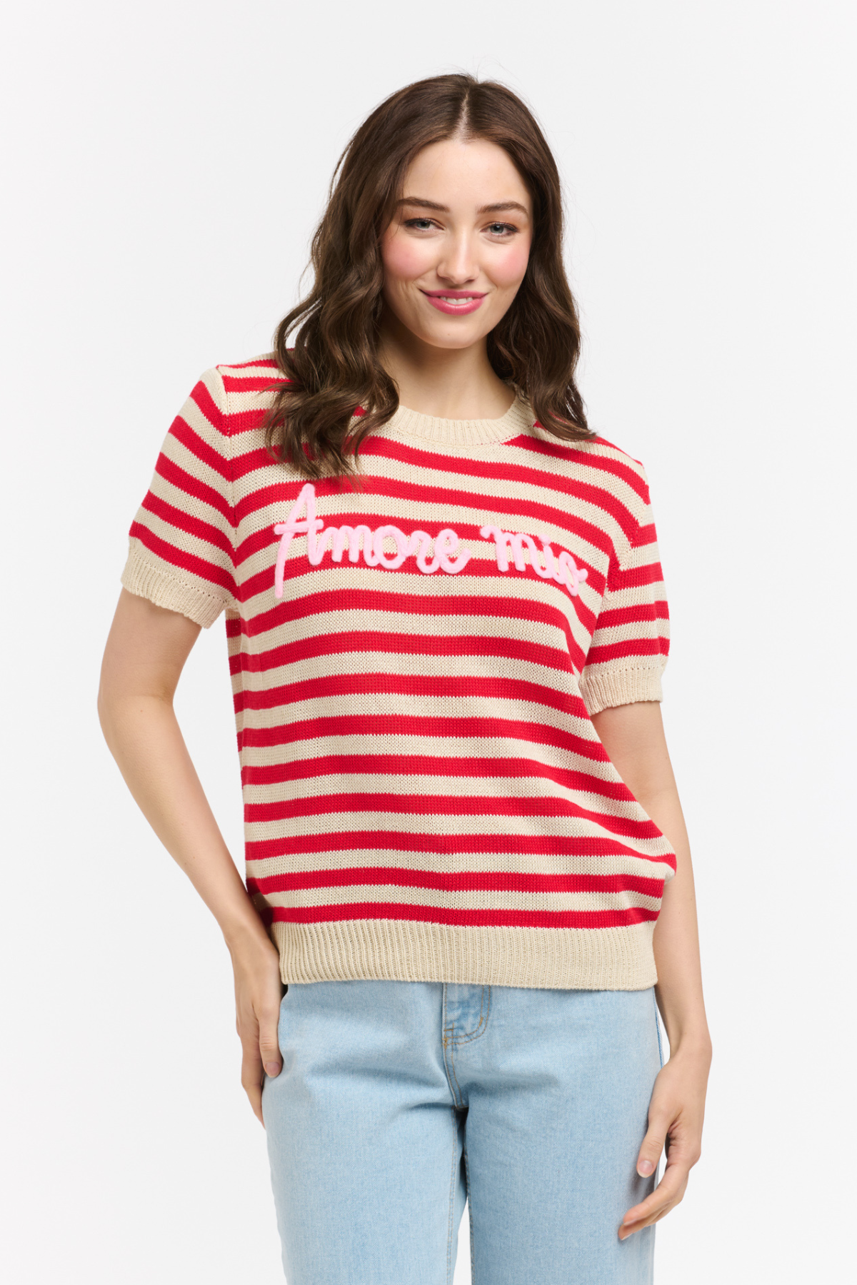 Amore Mio Striped Knit Sweater Tee Red