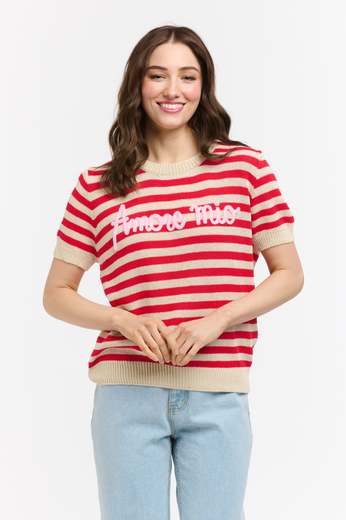 Amore Mio Striped Knit Sweater Tee Red