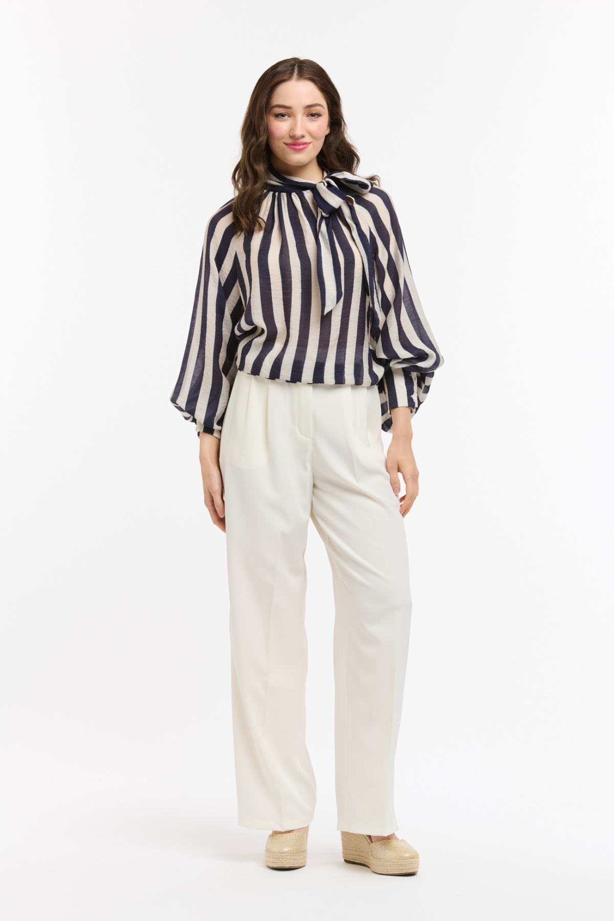 Striped Bow Neck Blouse Blue & White