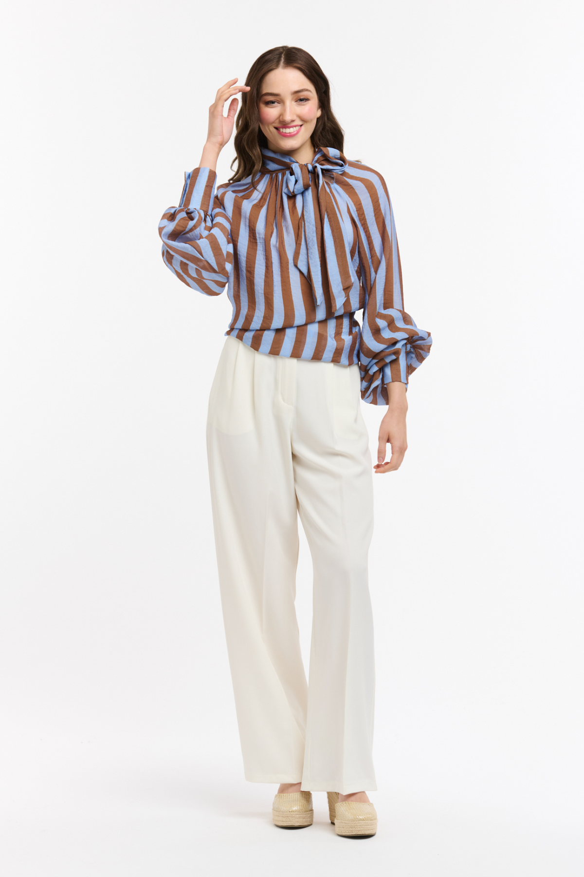 Striped Bow Neck Blouse Brown & Light Blue