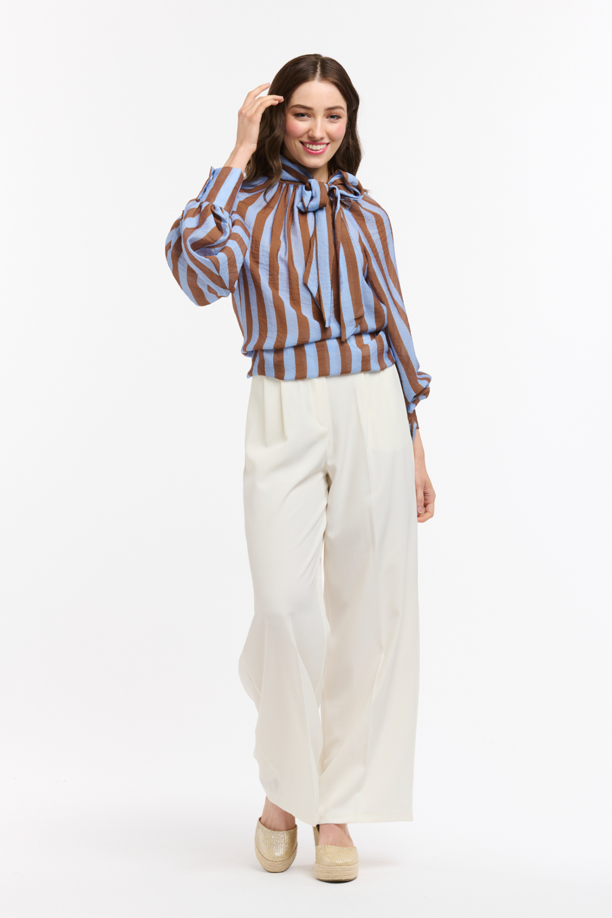 Striped Bow Neck Blouse Brown & Light Blue