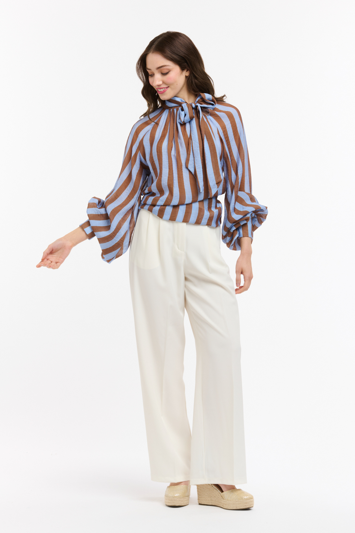 Striped Bow Neck Blouse Brown & Light Blue