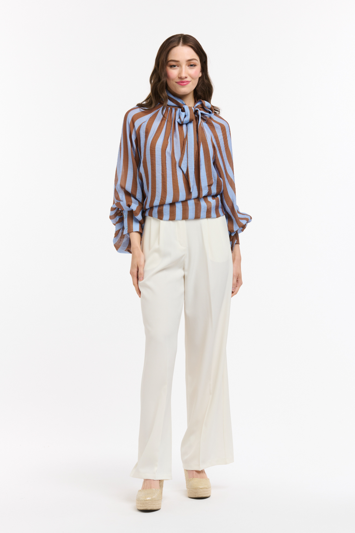 Striped Bow Neck Blouse Brown & Light Blue