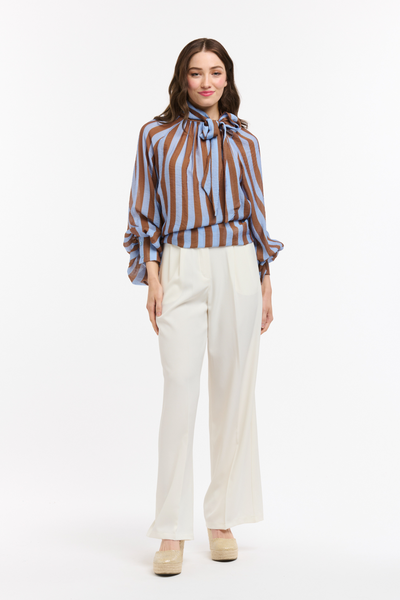 Striped Bow Neck Blouse Brown & Light Blue