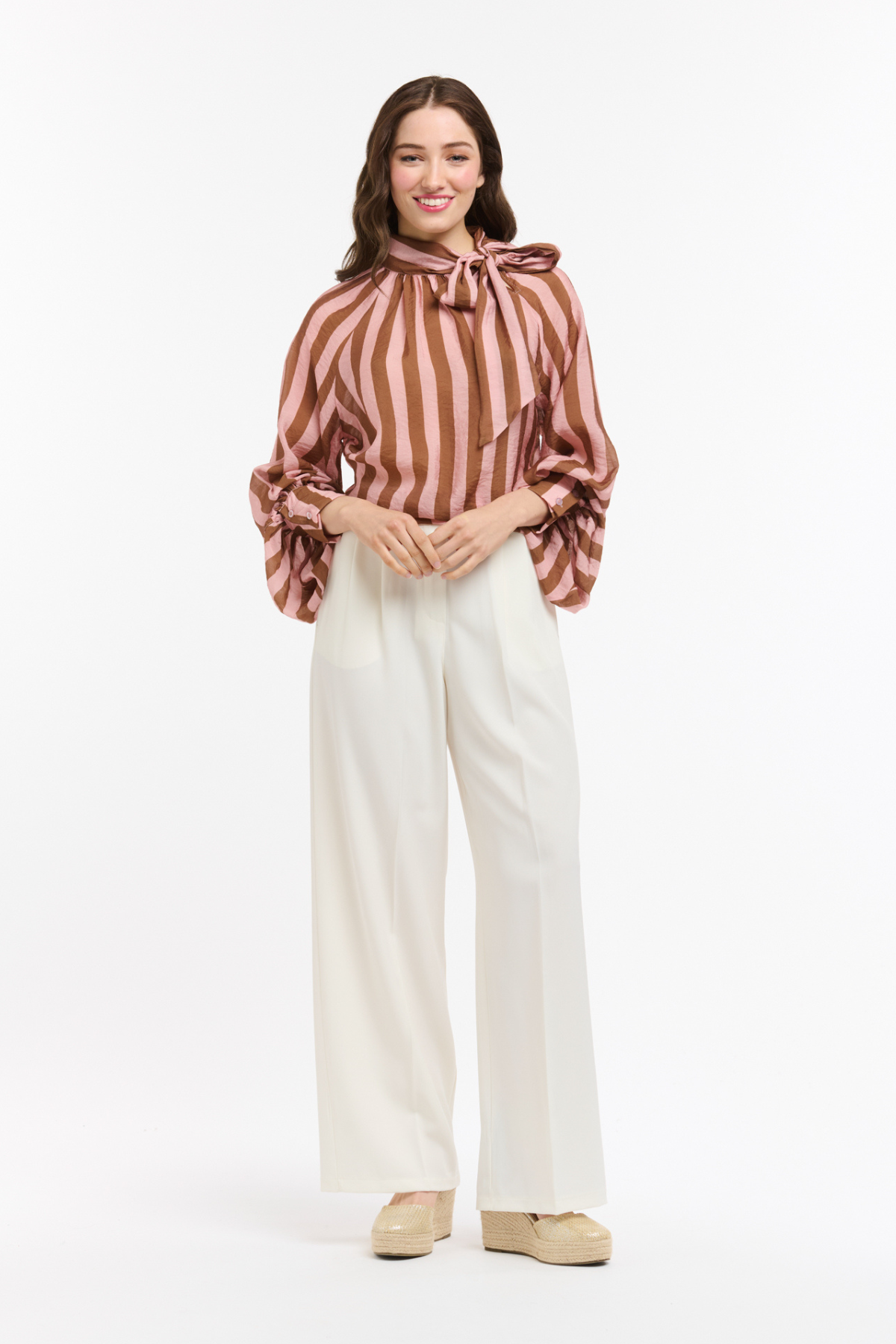 Striped Bow Neck Blouse Brown & Rose