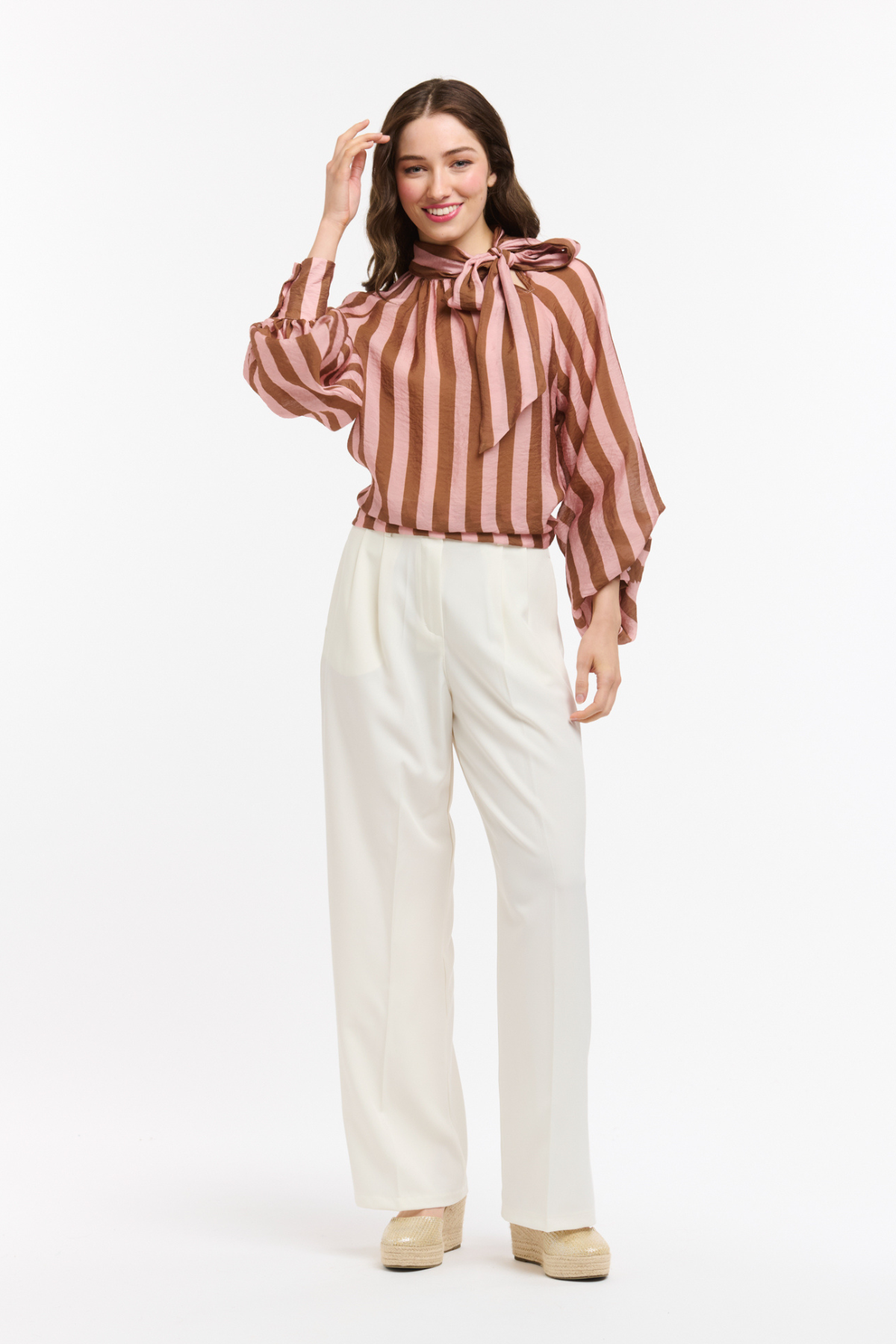 Striped Bow Neck Blouse Brown & Rose