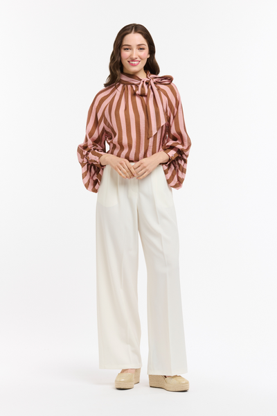 Striped Bow Neck Blouse Brown & Rose