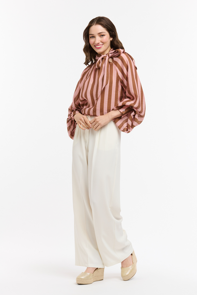 Striped Bow Neck Blouse Brown & Rose