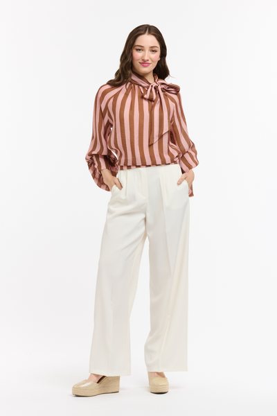 Striped Bow Neck Blouse Brown & Rose