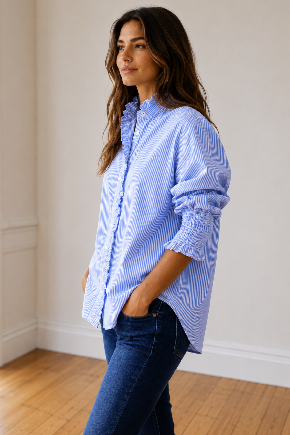 Poppy Shirt Digital Print Pale Blue and White