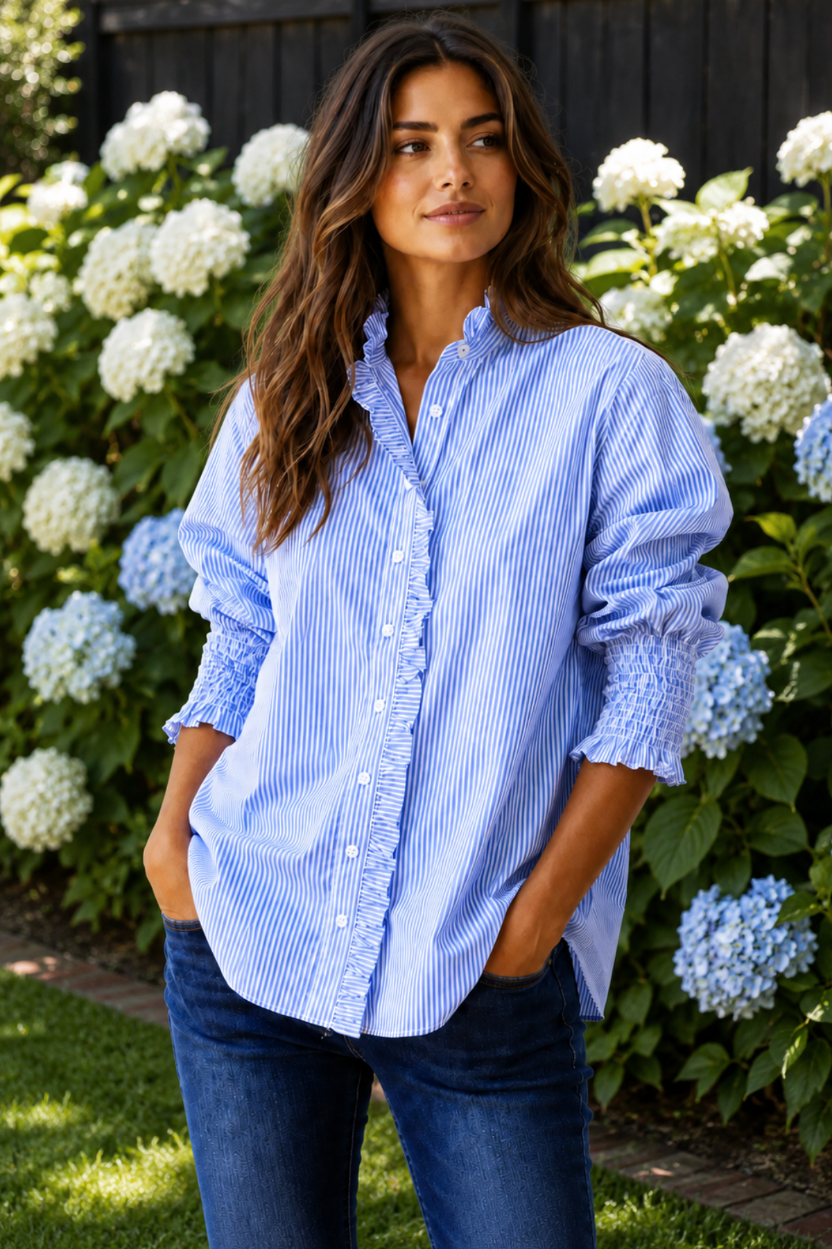 Poppy Shirt Digital Print Pale Blue and White