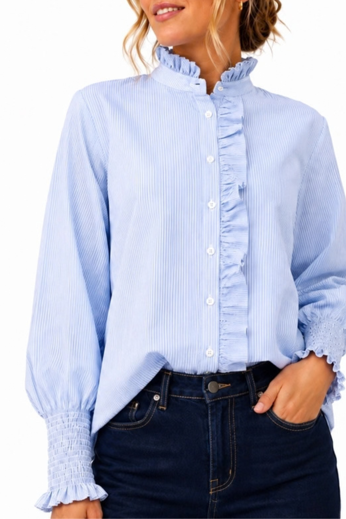 Poppy Fine Stripe Cotton Shirt Pale Blue