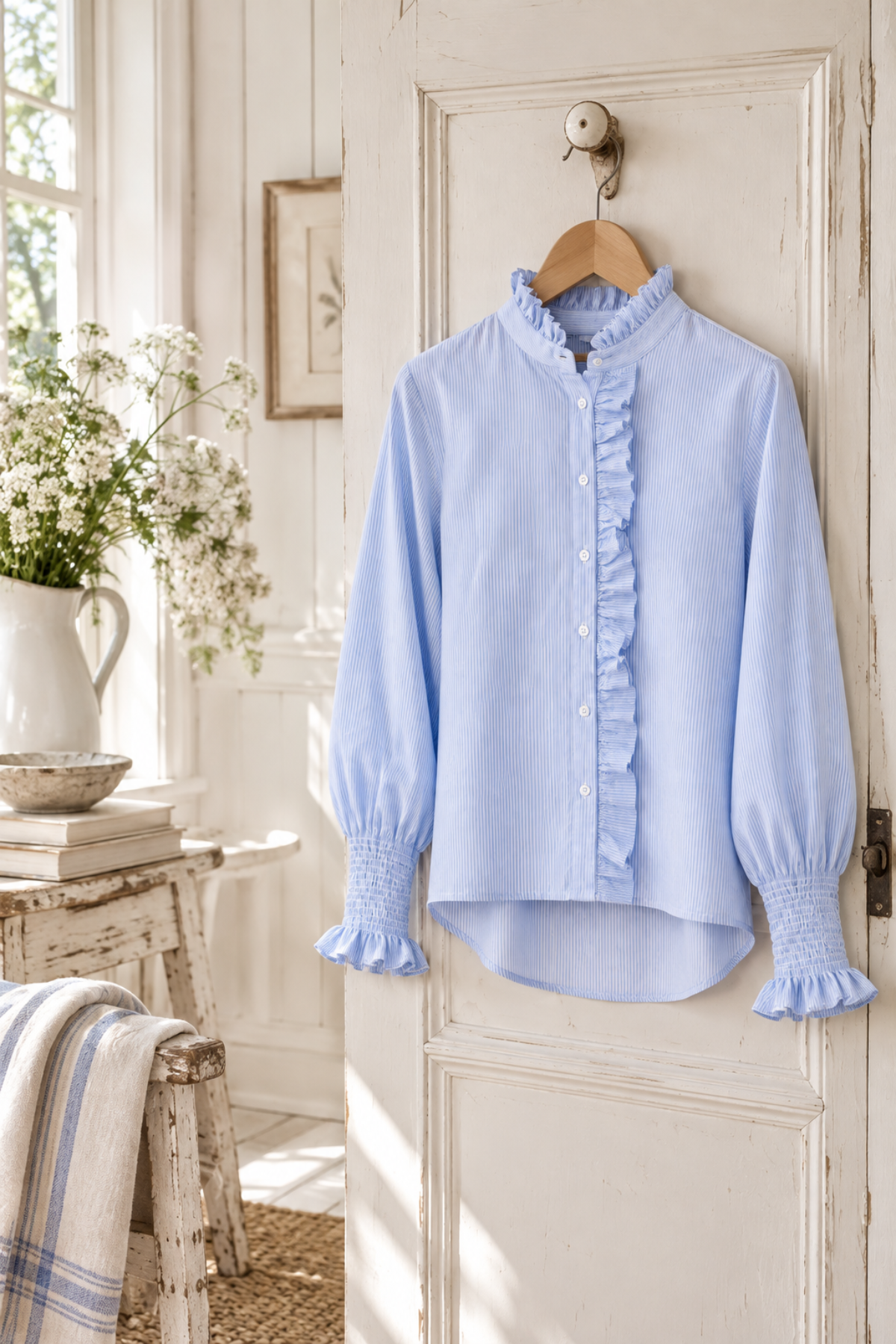 Poppy Fine Stripe Cotton Shirt Pale Blue