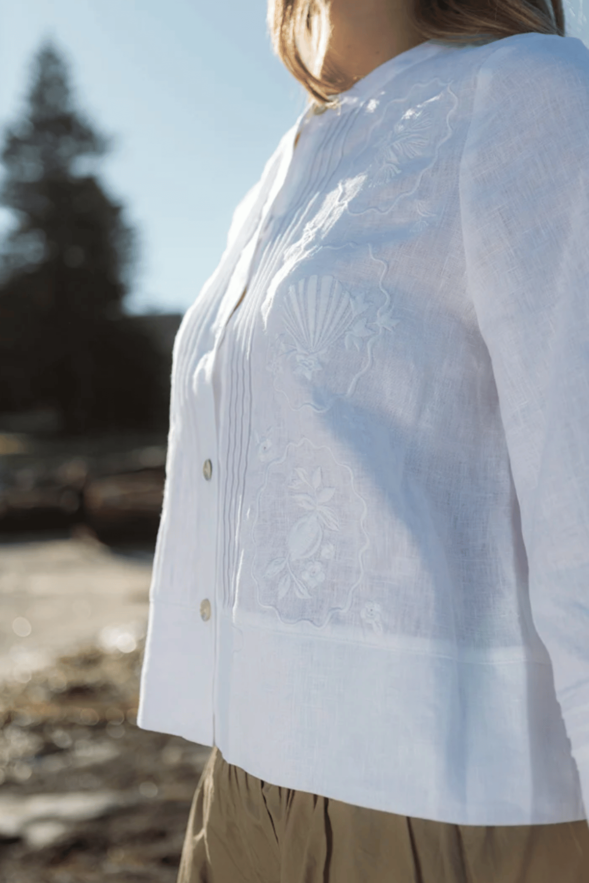 Maria Embroidered Linen Shirt White