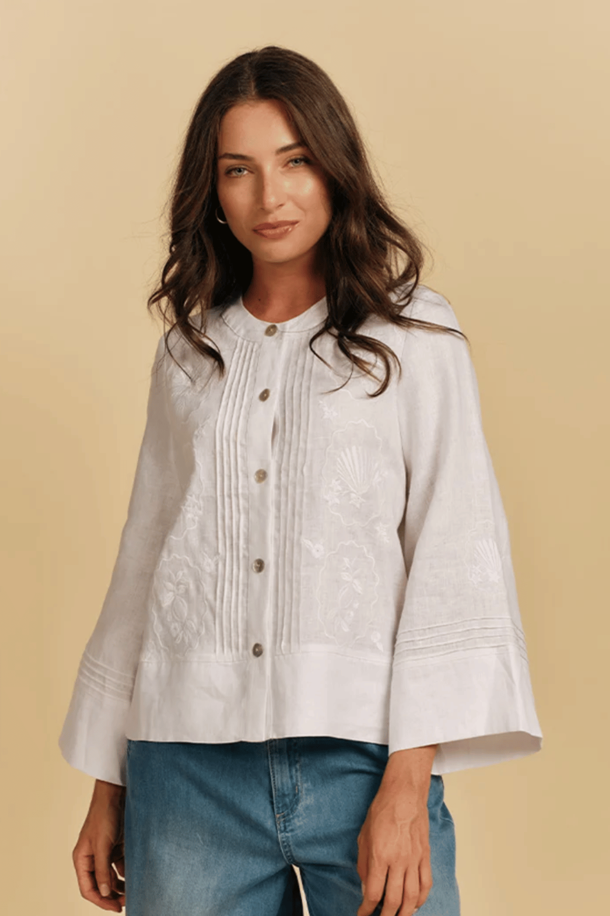 Maria Embroidered Linen Shirt White