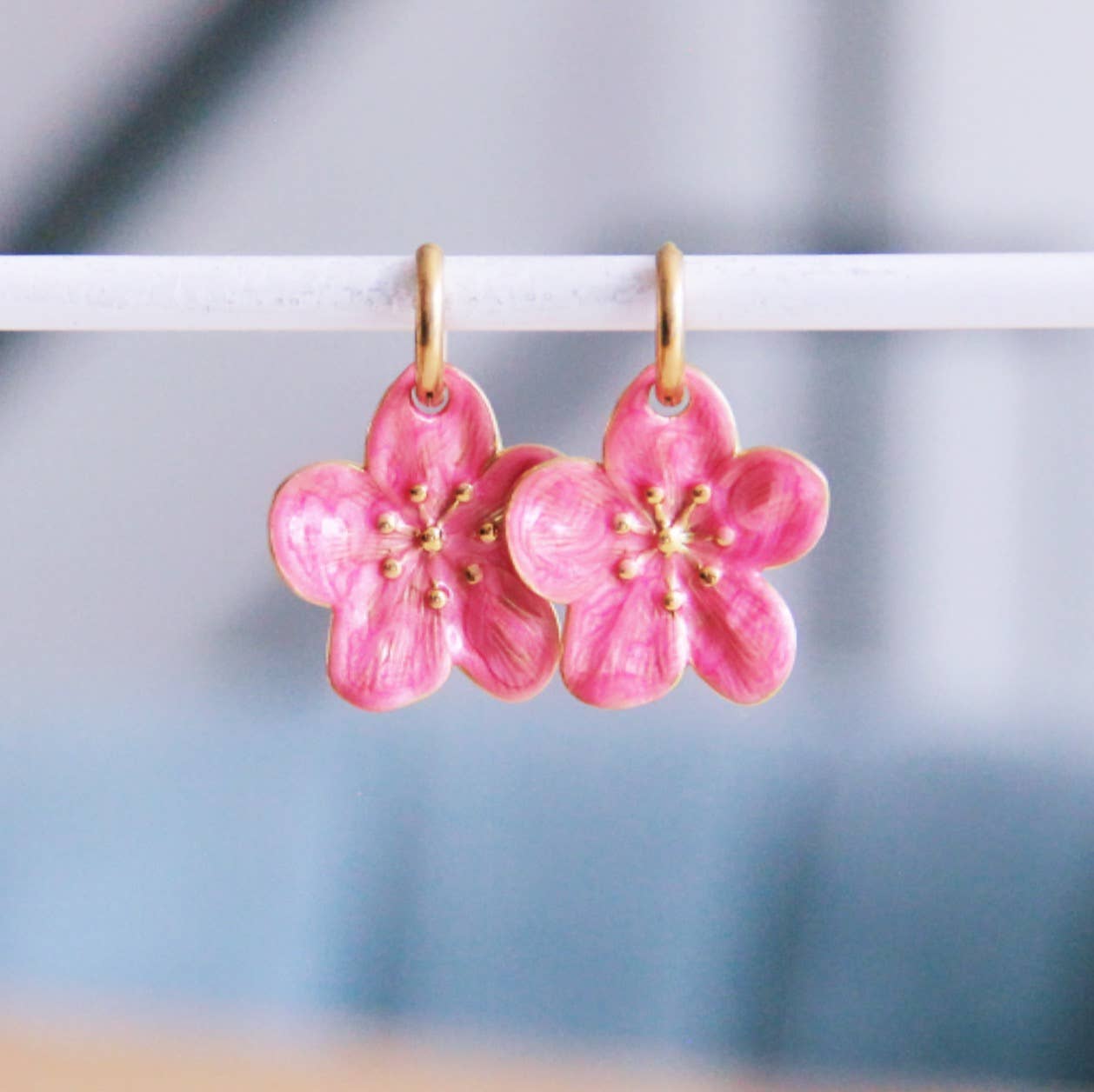 Pink Flower Charm Hoops